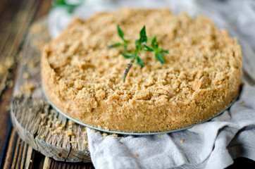 Vanilla cheesecake on a wooden table