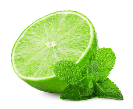 lime slice with mint leaves isolated on the white background