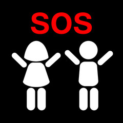 Silhouettes of children with raised hands and help sign SOS