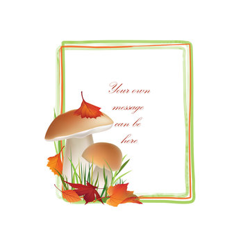Autumn frame. Mushrooms background. Floral fall border