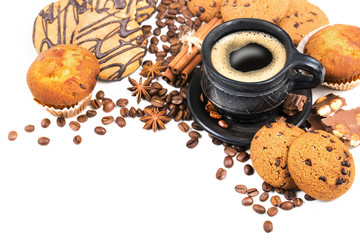 coffee and cookies on white background
