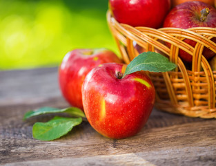 Ripe apples on wooden table, on nature background
