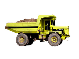 Real dump-body truck isolated on white background