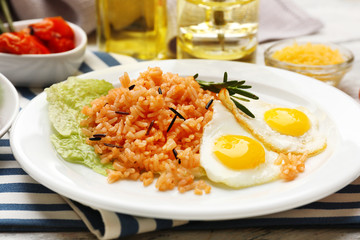 Tasty rice served on table, close-up