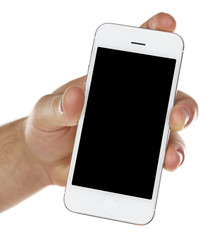 Hand holding mobile smart phone isolated on white