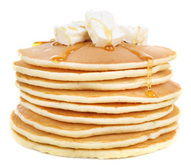 Stack of delicious pancakes with butter and honey isolated
