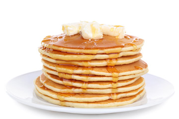 Stack of delicious pancakes with butter and honey isolated