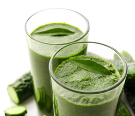 Green fresh healthy juice with cucumber isolated on white