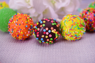 Sweet cake pops on table close-up