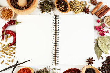 Spices with recipe book on white background