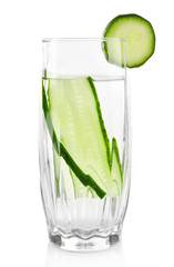 Water with cucumber isolated on white
