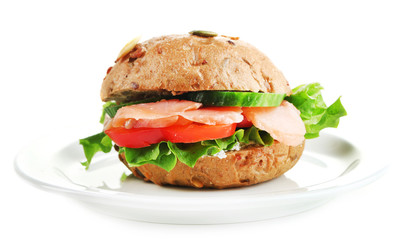 Sandwich with salmon isolated on white