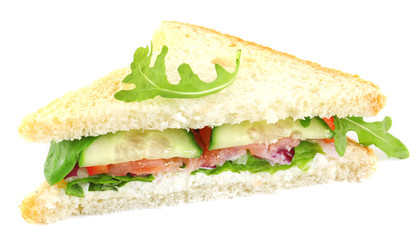 Club sandwich with salmon  and vegetables isolated on white