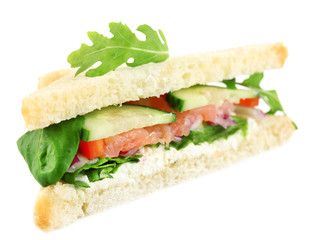 Club sandwich with salmon  and vegetables isolated on white