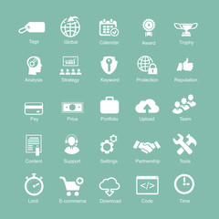 Set  silhouetted white SEO and internet icons for optimising a