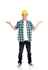 Happy worker presenting copy space.