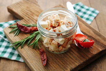 Feta cheese on table