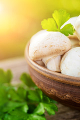 Fresh mushrooms on a wooden board