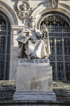 Alfonso el Sabio sculpture, National Library of Madrid, Spain. a