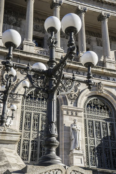 Street lamp, National Library of Madrid, Spain. architecture and