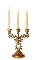 Retro candlestick with candles, isolated on white - obrazy, fototapety, plakaty