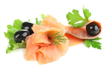 Sliced and rolled salmon, black olive and herbs isolated