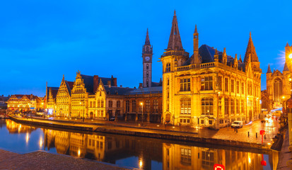 Fototapeta premium Quay Graslei in Ghent town at evening, Belgium