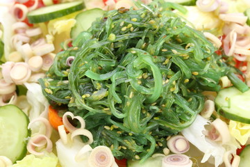 wakame seaweed salad on white background