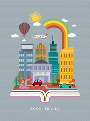 open book with city street scene in flat design