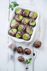 Bourgogne snails with garlic butter and herbs, view from above