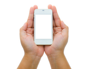 Hand holding smart phone isolated on white background