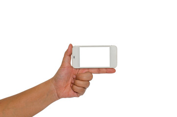 Hand holding smart phone isolated on white background