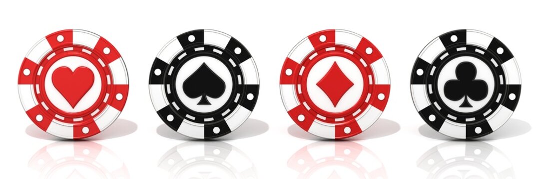 Set of standing gambling chips. Spade, heart diamond and club.