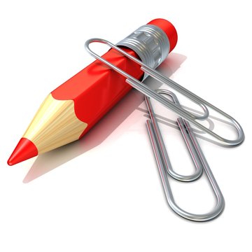 recommend clip art: Red pencil and silver paper clips, isolated on white background.