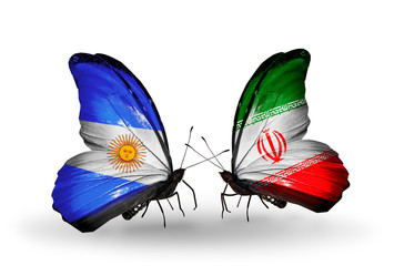 Two butterflies with flags Argentina and Iran