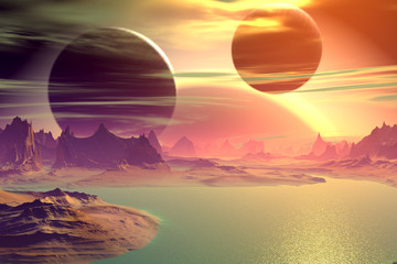 Fototapety  3D renderowane fantasy obca planeta. Skały i jezioro
