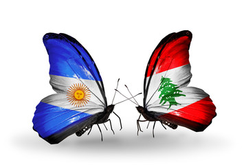 Two butterflies with flags Argentina and Lebanon