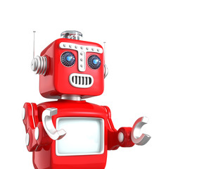 Cute red robot raising hands and look forward stably.