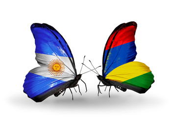 Two butterflies with flags Argentina and Mauritius
