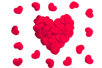 Red hearts scattered on white background