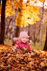 adorable smiling child girl sitting in leaves in autumn park