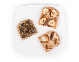 Healthy fruit sandwiches close up.