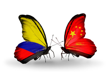 Two butterflies with flags Columbia and China