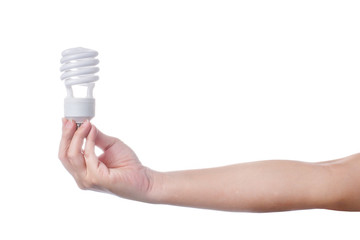 hand with energy saving lamp on white background