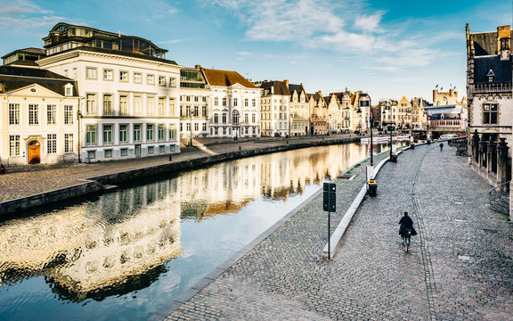 Vintage look of the canal and buildings in Gent Belgium