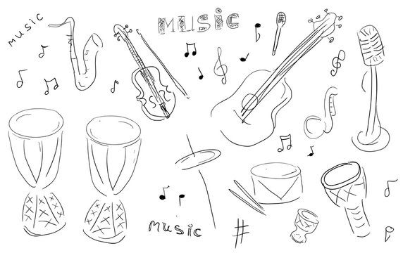 Sketch Music Instruments set - hand drawn in vector