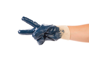 Hand shows two in a blue rubber glove.