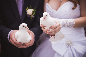 dride and groom holding white pigeons