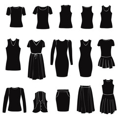 Female cloth collection. Fashion icons set. Dress silhouette.