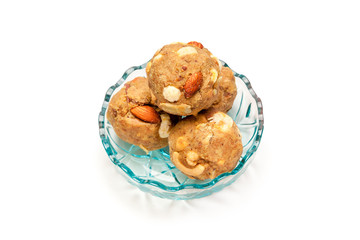 Indian homemade sweet dry fruits laddoo in glass bowl